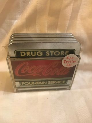 VINTAGE STYLE TIN COCA COLA FOUNTAIN SERVICE COASTERS (4) IN HOLDER 2