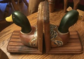 Vintage Set Mallard Duck Book Ends Wood Carved Glass Eyes Cabin Decor
