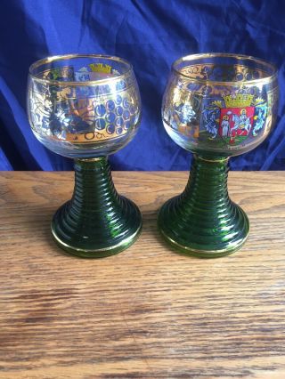 2 Wine Glasses Barware Gold Trim German Rudesheim Crest Green Ribbed Footed Base