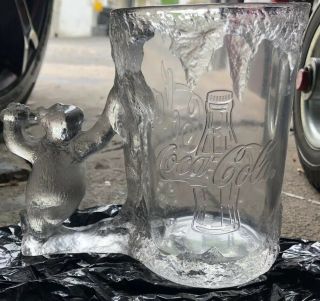1997 Coca Cola Mug Frosted Clear Glass Coke Cup With Polar Bear Handle Vintage