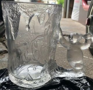1997 Coca Cola Mug FROSTED Clear Glass Coke Cup with Polar Bear Handle VINTAGE 2