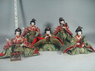 Hina Doll Set 113 Japanese Antique Gofun Silk Samurai Singer Musicians Drum Fan