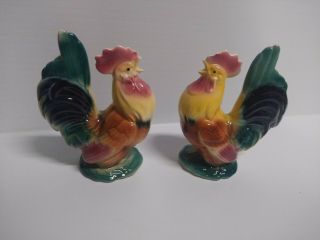8 " Vintage Mid - Century Ceramic Rooster And Hen Chicken Figurines