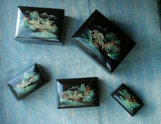 Old Vintage Chinese Set Of 5 Nest of Boxes Lacquer Wooden China Nesting China 3