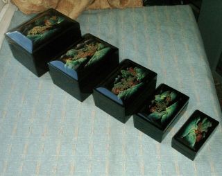 Old Vintage Chinese Set Of 5 Nest of Boxes Lacquer Wooden China Nesting China 6