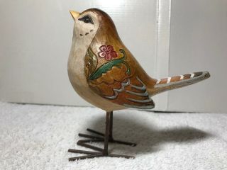 Painted Folk Art Wooden Robin Bird On Wire Legs Ornate
