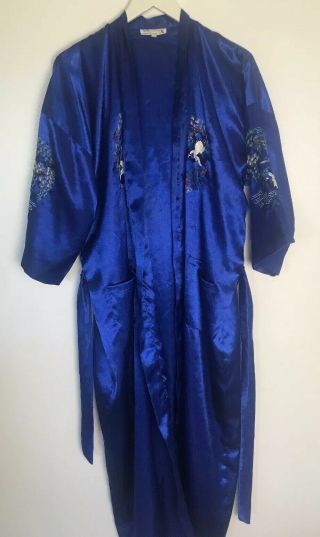 Vintage Chinese Plum Blossoms Blue 100 Silk Embroidered Robe Birds Flowers XL 2