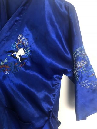 Vintage Chinese Plum Blossoms Blue 100 Silk Embroidered Robe Birds Flowers XL 3