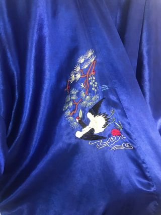 Vintage Chinese Plum Blossoms Blue 100 Silk Embroidered Robe Birds Flowers XL 4