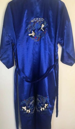 Vintage Chinese Plum Blossoms Blue 100 Silk Embroidered Robe Birds Flowers XL 6