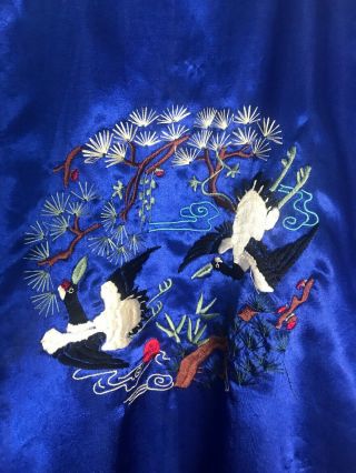 Vintage Chinese Plum Blossoms Blue 100 Silk Embroidered Robe Birds Flowers XL 7