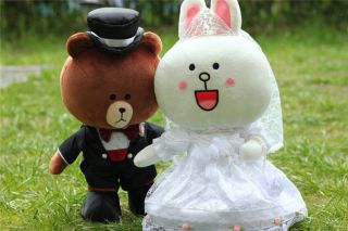 14 " Japan Line Friends Brown Bear Cony Stuffed Plush Doll Fluffy Wedding Toy 2pc
