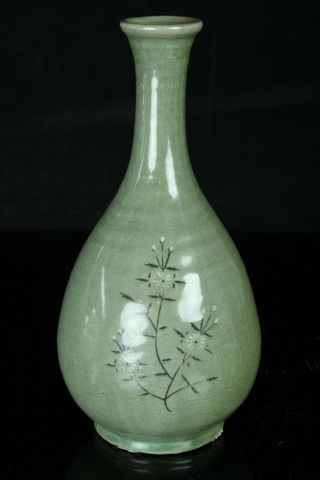 May161 Korean Goryeo Celadon White&black Inlay Bottle Jar Pot