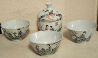 4 Antique Chinese Famille Porcelain Bowls Bowl Signed Marked On Bottom