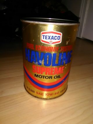 Old Vintage Texaco Havoline Supreme Motor Oil Quart Can 10w - 40 (full)