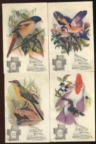 Set Of 4 Beautuful Bird Trade Cards,  Household Sewing Machines Advertising