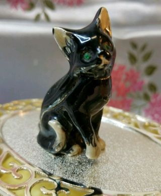 Vintage Antique Black Cat Trinket Box Black Enamel Magnetic Hinged Close Scb 468