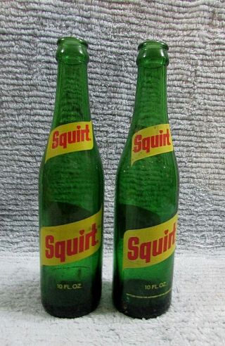 Pair Old 1966 Squirt Green Glass 10 Oz Vintage Soda Pop Bottles S/h