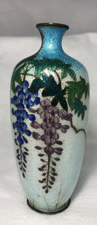 Antique Japanese Ginbari Cloisonne Vase W/ Wisteria Flowers Tree Blue Signed