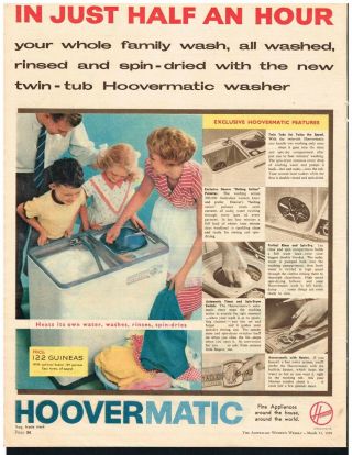 Hoovermatic Ad Washer Laundry Decor Advert 1959 Vintage Print Ad Retro