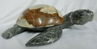 Unique Hand Carved Marble Stone Sea Turtle Figurine Carving 6 " Long