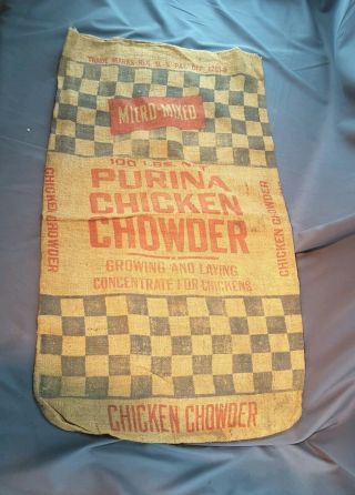Vtg 100 Purina Chicken Chowder Burlap Advertising Feed Sack Bag 39 " X 26 "