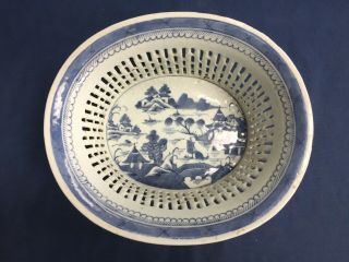 Antique Chinese Export Blue & White Canton Oval Reticulated Chestnut Basket Bowl