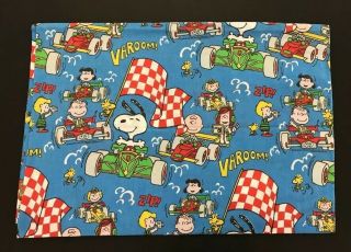 Vintage Peanuts Gang Blue Flat Twin Bed Sheet Racing Cars Snoopy Charlie Brown