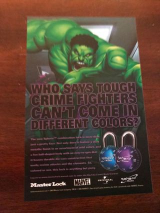 2003 Vintage 6.  5x10 " Comic Print Ad For Sphero Master Lock With Incredible Hulk