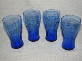 4 McDonald ' s Coca Cola Coke Cobalt Blue Contour 16 oz Drinking Glasses 2