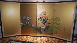 Vintage Chinese Hp Flowers On Silk Folding Table Screen 4 Panels Artist Signed