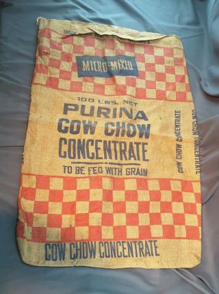 Old 100 - Pound Purina Cow Chow Concentrate Burlap Advertising Feed Sack Bag