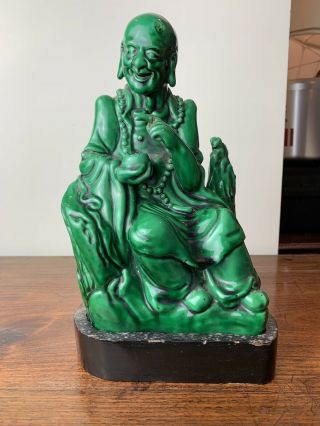 Antique Chinese Green Glazed Buddha With Wooden Base