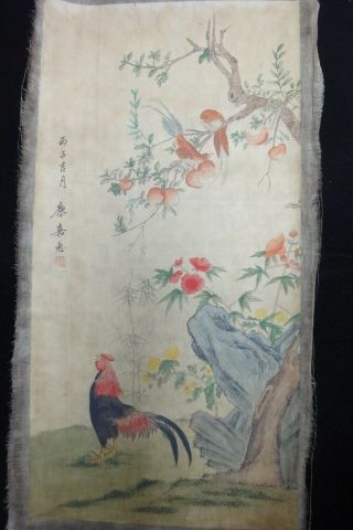 Very Large Old Chinese Hand Painting Cock And Flowers " Miujiahui " Marks