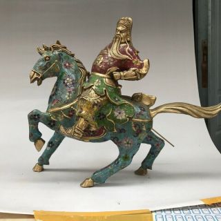 Chinese Ancient Cloisonne Statue Hand - Carved Guangong Equestrian Statue G9