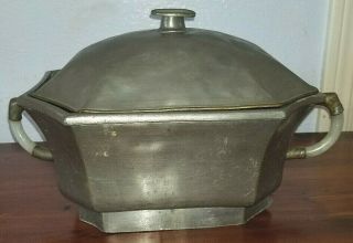 Antique Chinese Pewter Serving Dish With Lid And Jade ? Handles