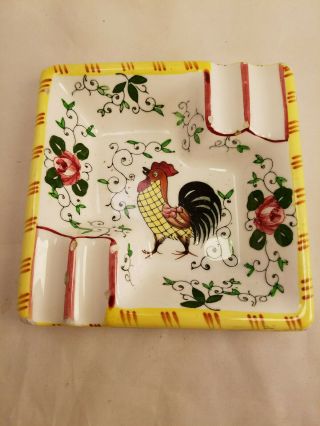 Vintage Ucagco Rooster Roses Ash Tray 4 Slot 5 " Square Farmhouse Collectible
