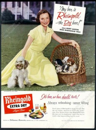 1953 Miss Rheingold Beer Miniature Poodle Puppy Dogs Photo Vintage Print Ad