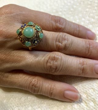 Antique Chinese Export Silver Ring Enamel & Chrysoprase