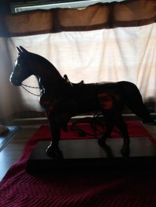 Vintage Pot Metal Horse Figurine,  Lamp Brass Copper Color On Wood Stand Western.