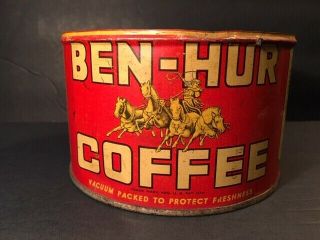 Very Rare Antique Coffee Tin Can Ben - Hur Coffee 1lb Kw With No Lid