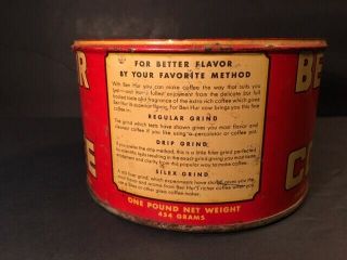 VERY RARE Antique Coffee Tin Can BEN - HUR COFFEE 1lb KW with no lid 2