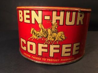 VERY RARE Antique Coffee Tin Can BEN - HUR COFFEE 1lb KW with no lid 3
