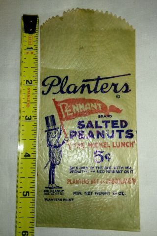 Rare 5 Cent Planters Peanuts Wax Wrapper Bag Mr Peanut Pennant Logo Nickle Lunch