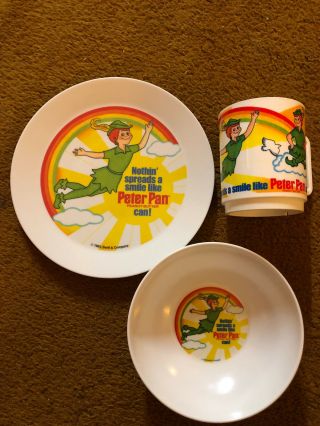 Vintage 1983 Peter Pan Peanut Butter Plastic Cup,  Bowl And Plate Set