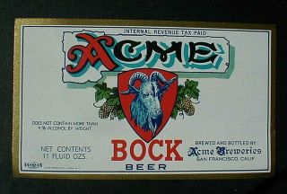 Irtp Acme Bock Beer Bottle Label,  San Francisco,  Calif.