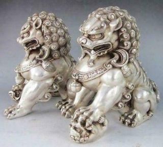 Exquisite Chinese Silver Bronze Fu Foo Dog Guardian Lion Statue A Pair