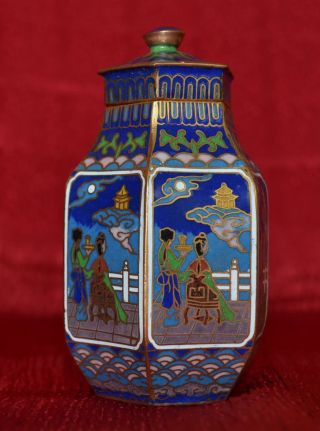Lovely Vintage Very Fine Chinese Hexagonal Shape Cloisonne Vase Lidded Pot Urn