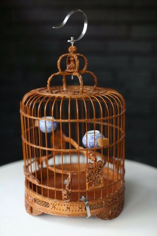 Vintage,  Wood,  Hand Carved,  Chinese Bird Cage With Porcelain Feeders