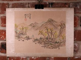 Antique Chinese Painting On Silk Landscape With Seal And Calligraphy